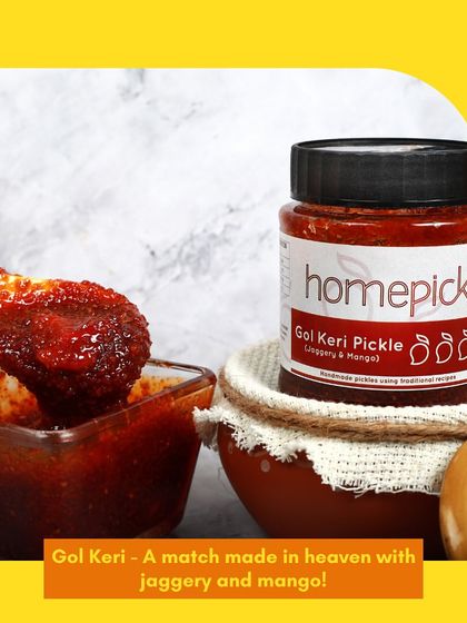 Our Gol Keri pickle is a match made in heaven, combining the sweetness of jaggery with the tang of raw mango. It's a traditional Gujarati flavour that you can't get enough of.