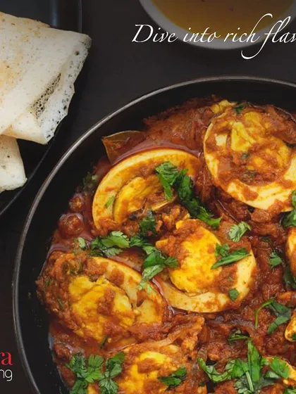 Dive into the rich flavours of our Egg Curry, served with soft appams. This dish is another example of our authentic and diverse regional Indian cuisine offerings.