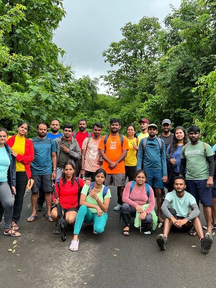 The group posing together on the trail, a memory of a challenging and rewarding trek in Maharashtra.