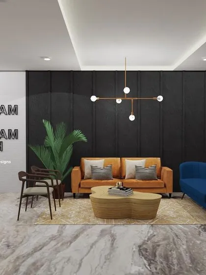 This is a glimpse into an industrial-style office I designed. The goal was to create a motivating and collaborative environment using a mix of raw textures, bold colors, and modern furniture, complete with an open-plan waiting area.