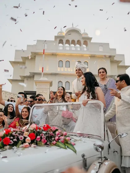 The groom's grand baraat arriving at the stunning wedding venue.