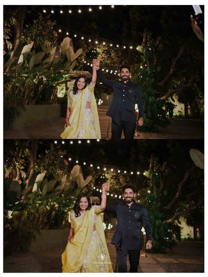 A diptych of the couple making their grand entrance at their engagement party, holding hands and celebrating with their guests.