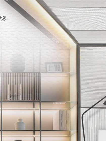 This mood board detail focuses on the material palette and storage style for the office cabin. We use these visual tools to conceptualize the look and feel, making it easier for clients to visualize the final space before construction begins.