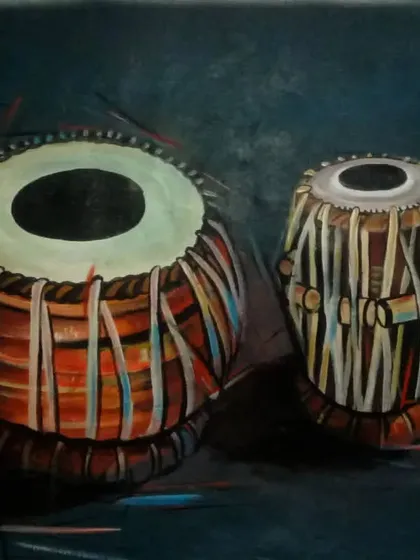 A still life painting of a tabla set against a dark, moody background. This piece is a tribute to Indian classical music, focusing on the form and texture of the traditional percussion instrument.