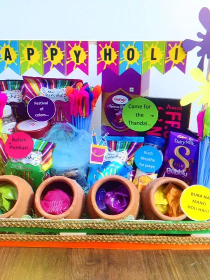Celebrate the festival of colors with my vibrant Holi hamper. It comes fully loaded with organic gulal in earthen pots, water guns (pichkaris), thandai mix, and a variety of snacks to make your celebration complete and joyful.
