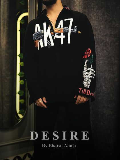 Another view of the AK-47 shirt, a piece that proves ordinary fabrics don't belong on extraordinary men.