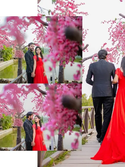 A collage from the cherry blossom bridge set, capturing the couple walking together and sharing romantic glances.