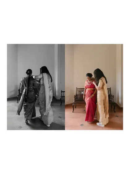 A diptych showing the bride getting ready with the help of her family. These behind-the-scenes moments, in both color and black and white, are full of warmth and connection.