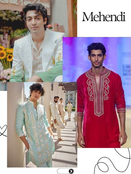 Mehendi style can range from traditional to contemporary. Here are some options: a modern white and green ombre jacket, a striking red velvet kurta with detailed embroidery, and a light blue mirror-work kurta for a fresh look.