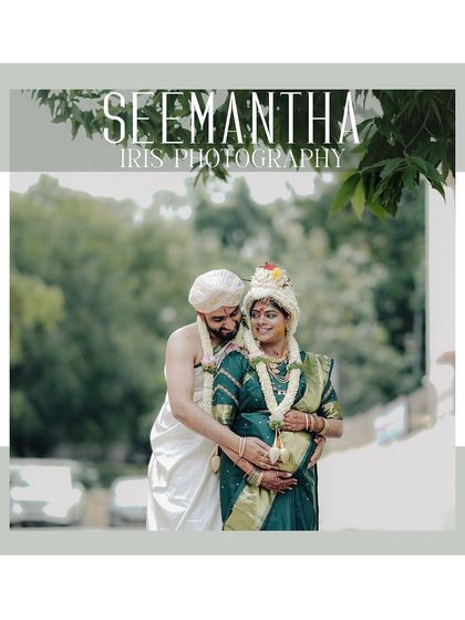 A loving portrait of a couple during their Seemantha ceremony. The husband embraces his wife from behind, both smiling, perfectly capturing the happiness of the occasion.