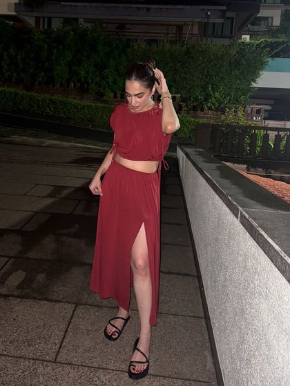 Another look at the red co-ord set. The lightweight fabric makes it ideal for packing in a travel capsule wardrobe.