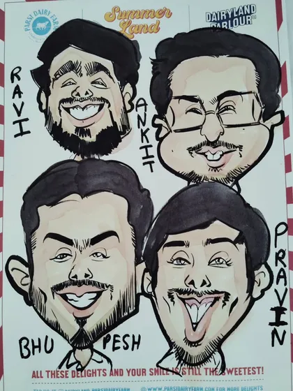 A group of four friends immortalized in a colorful caricature. This is a great way to remember a fun evening together.