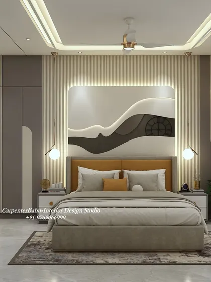 A bedroom with a unique, abstract headboard design that creates a bold focal point. The warm wood tones and neutral bedding create a balanced and inviting space.