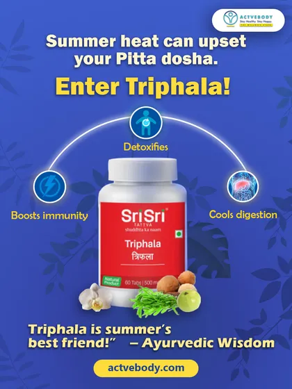 Summer heat can upset your Pitta dosha, and Triphala is the answer. This graphic illustrates how Triphala detoxifies, cools digestion, and boosts immunity, making it summer's best friend.