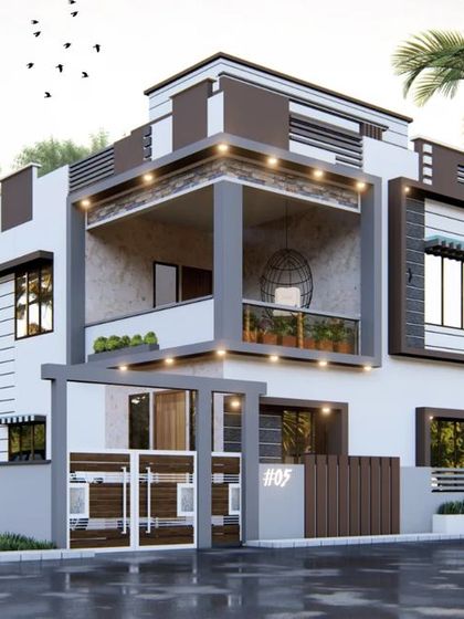 An exterior design for a project in Tumkur, featuring multiple balconies and varied rooflines. The use of awnings and a mix of textures adds depth and character to this family home.