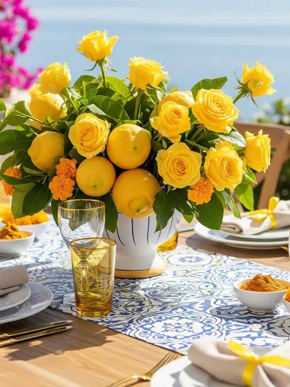 An Italian dream brought to life with a Positano-themed Haldi tablescape. Fresh lemons and vibrant yellow roses create a cheerful, sun-kissed centerpiece, complemented by classic blue and white Mediterranean patterned table runners for a refreshing coastal vibe.