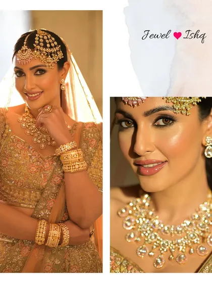 A collage showing the full look and a close-up of the necklace, emphasizing the beauty of large, uncut Polki stones.