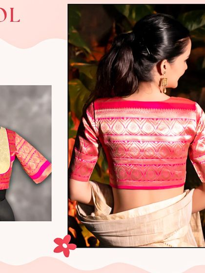 A back view of the brocade silk polo neck blouse. The rich pink and gold brocade fabric shines, making it a statement piece for any romantic or celebratory occasion.