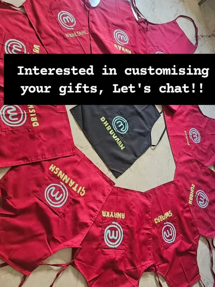 I create personalized party favors that make any celebration special. These custom-painted aprons, each with a child's name, were a huge hit as return gifts for a little chef's birthday party. Let's chat about ideas for your next event.