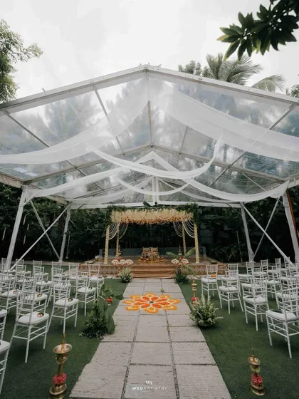 I have had the honor of hosting many beautiful South Indian weddings. The lush greenery and traditional decor elements, like floral arrangements and brass lamps, create an authentic and sacred atmosphere for the ceremony.