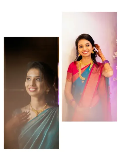 A collage from an engagement ceremony, capturing the bride's radiant smiles. These portraits showcase her in a beautiful teal and pink saree, reflecting the joy and excitement of the event.