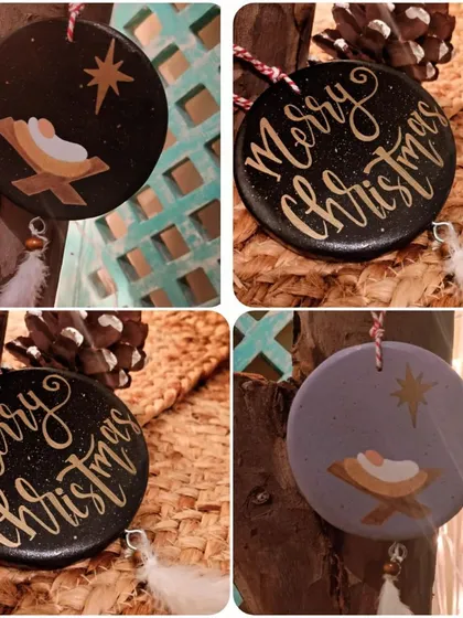 Our Christmas ornaments also celebrate the reason for the season, with "Merry Christmas" calligraphy and a simple, beautiful nativity scene.