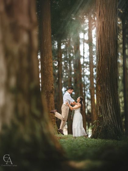A playful and energetic lift among the giant trees. This shot combines the grandeur of the forest setting with the fun and dynamic spirit of the couple, creating a unique and joyful pre-wedding photo.