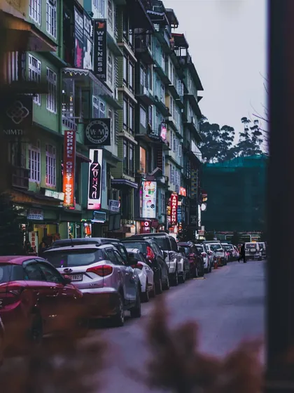 a street lined with cars and neon signs. this urban scene shows how different elements can coexist in a busy but functional layout.