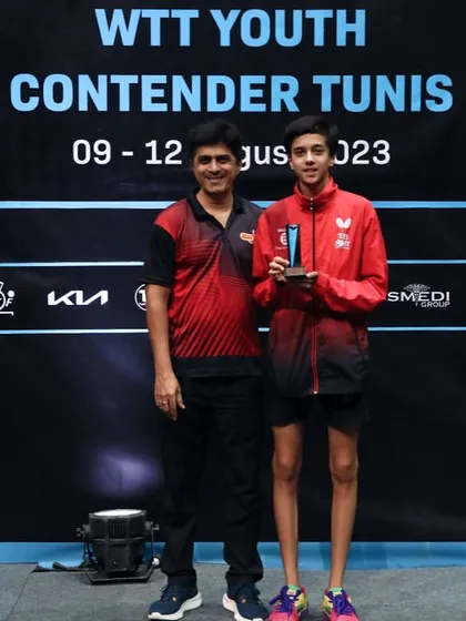 Our coach stands proudly with Rohan Dani at the WTT Youth Contender in Tunisia. This highlights the crucial coach-player partnership that leads to international success.