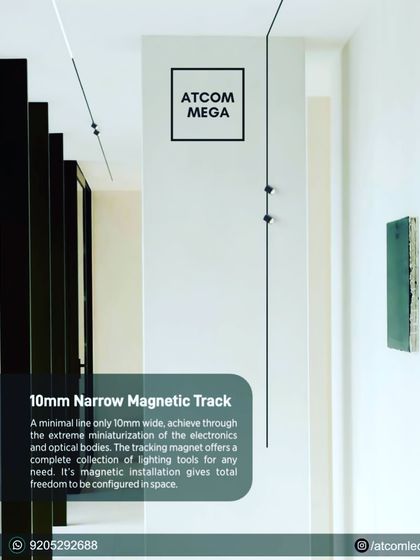A promotional image detailing the features of our 10mm Narrow Magnetic Track. Its minimal 10mm wide trench is achieved through extreme miniaturization, offering a complete collection of lighting tools for any space.