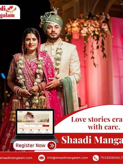 We craft love stories with care. This couple, dressed in elegant wedding attire, represents the beautiful outcomes that begin with a simple registration on our platform.