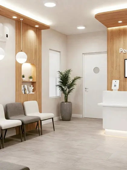 A warm and inviting clinic waiting room that uses natural wood paneling and soft pendant lighting. The clean white reception desk and comfortable seating create a space that feels more like a lounge than a clinic.