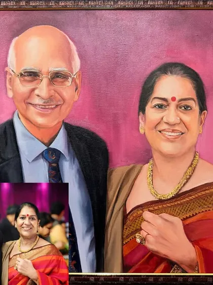 This image shows how I can take a casual snapshot and transform it into a formal, beautifully composed oil portrait, complete with a custom background.