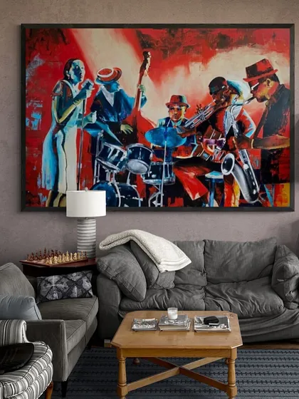 Here is my 'Jazz and Blues' painting in a client's home. Seeing my art become part of someone's daily life is the ultimate reward. This piece brings the soulful vibe of a 1920s jazz club right into the living room.