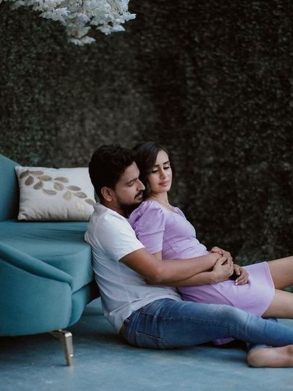 An intimate pre-wedding portrait, capturing the couple in a quiet embrace. These sessions are a perfect opportunity to create timeless images before the wedding festivities.