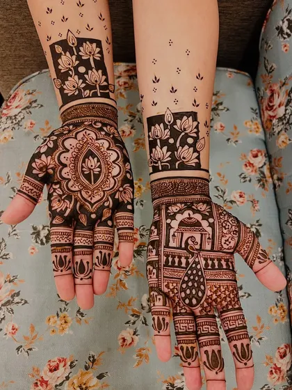 A clear, top-down view of the artistic lotus block design, perfect for a bride looking for something different.
