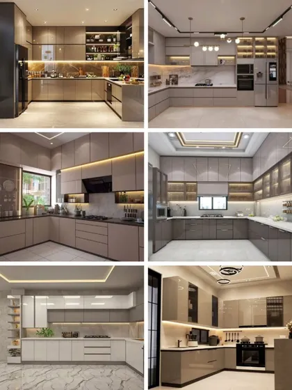 A collage showcasing a variety of our modular kitchen designs. This gives you an idea of the different color combinations, finishes, and layouts we can create.