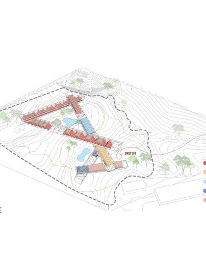 The program distribution diagram for the Mahindra Resort, showing the allocation of spaces for rooms, administration, restaurant, gym, and spa along the ramped structures.