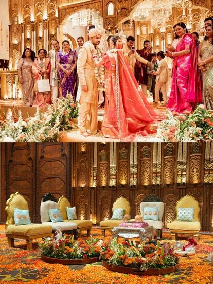 A collage showing the couple during the ceremony and the beautiful seating arrangement, highlighting the cohesive design of the entire event.