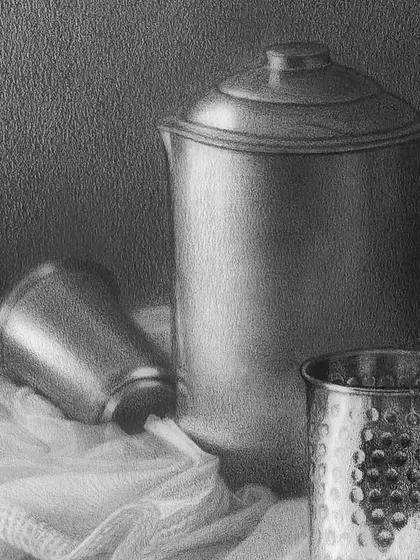 A close-up of the main jug, showcasing the subtle tonal shifts that create its cylindrical form.