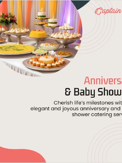 Cherish life's milestones with my elegant and joyous catering services. This graphic showcases a beautiful dessert spread, perfect for celebrating anniversaries and baby showers with a sweet touch.