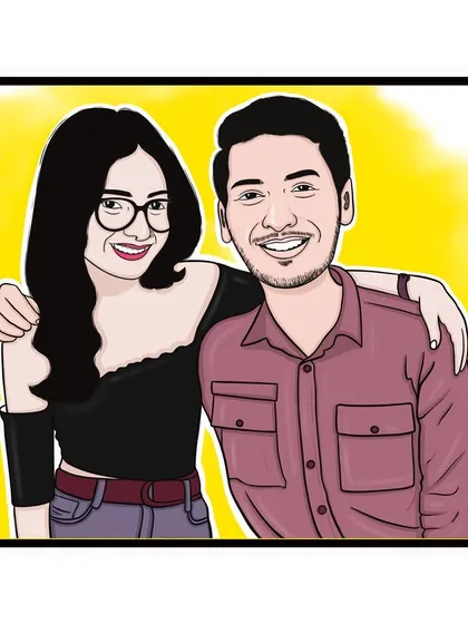 A relaxed and happy couple caricature with a bright yellow background. I focus on capturing the natural smiles and connection between the two individuals.