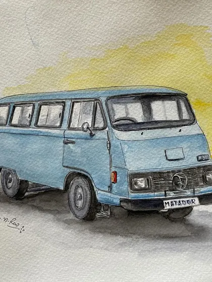 A watercolor tribute to the Bajaj Tempo Matador, a vehicle many of us remember from the 80s and 90s. This painting brings back fond memories of my school days, travelling in one of these iconic vans.