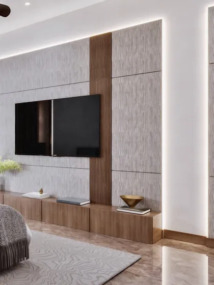 A master bedroom visualization where a metal and glass partition separates the sleeping area from a small lounge. The render showcases an open-concept yet defined layout.