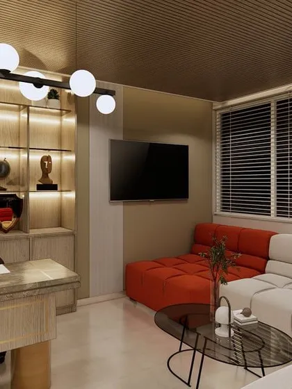 Duplicate of 101. This 3D render is for a chic office in Dubai. The design combines a formal executive desk and display shelving with an informal L-shaped sofa, using a pop of orange to add personality and warmth.
