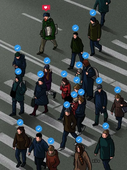 A modern critique of social media validation. In a crowd of people with blue verification checkmarks, the artist walks with a single red "like" heart, questioning the nature of true value versus perceived online status.