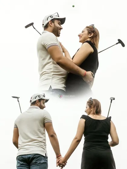 A collage from a playful golf-themed shoot. These candid shots capture the couple laughing and enjoying the activity together, showing their natural connection.