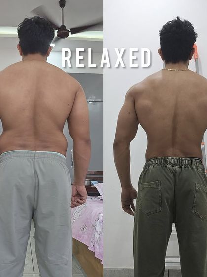 A relaxed, side-by-side back shot of Deepak's 100-day journey. This angle clearly shows the complete elimination of love handles and the development of his lat muscles.