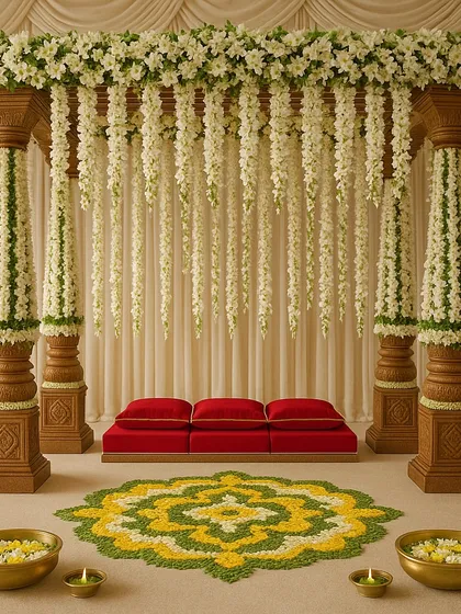 An indoor version of our traditional South Indian mandap, with a beautiful ceiling of hanging white florals and elegant seating for the couple.
