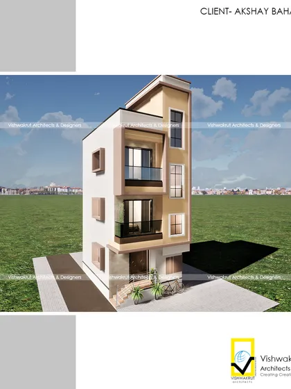 Another view of the 4BHK house on a 15x23 feet plot. This shows how even with limited space, a well-planned design can create a substantial and attractive home.